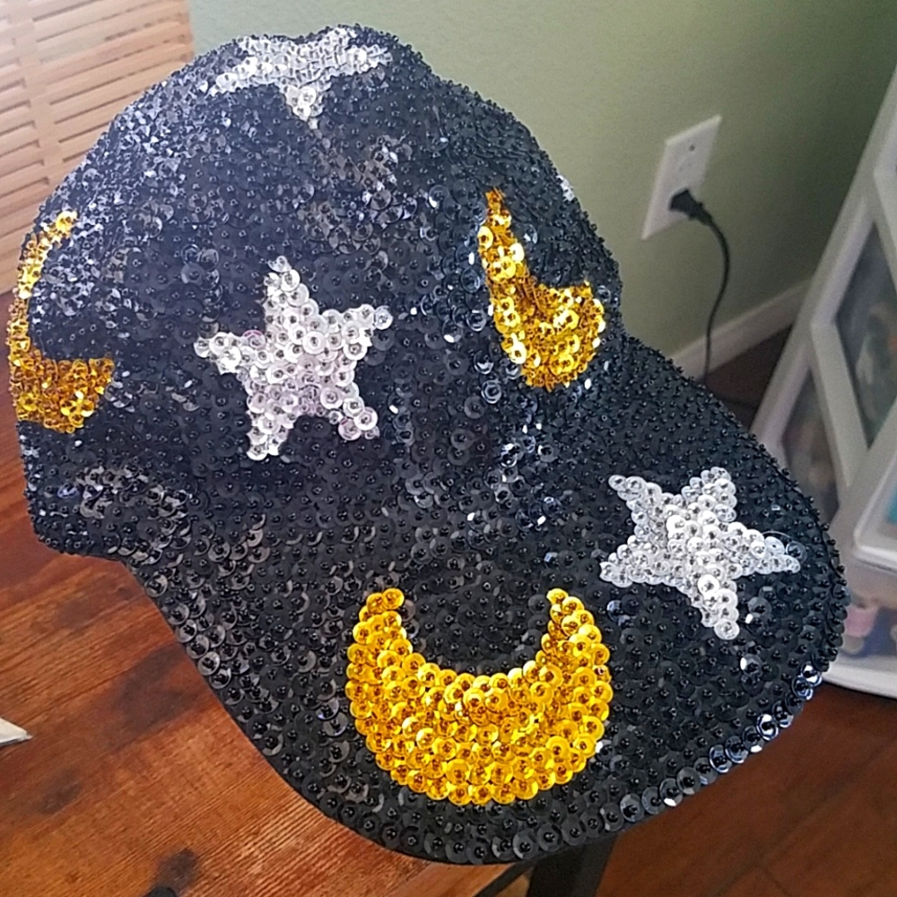 Sequin Star and Moon Black Hat